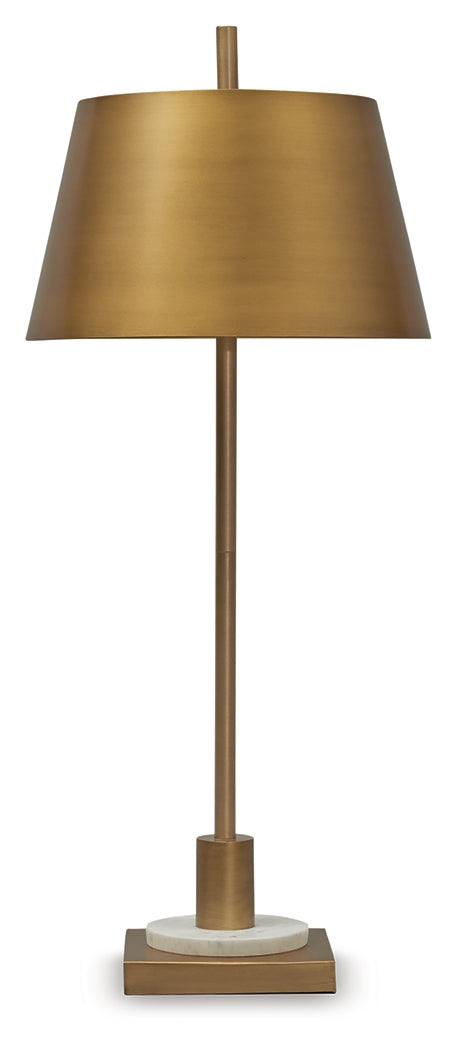 Side view of Fritzburn table lamp highlighting marble accent