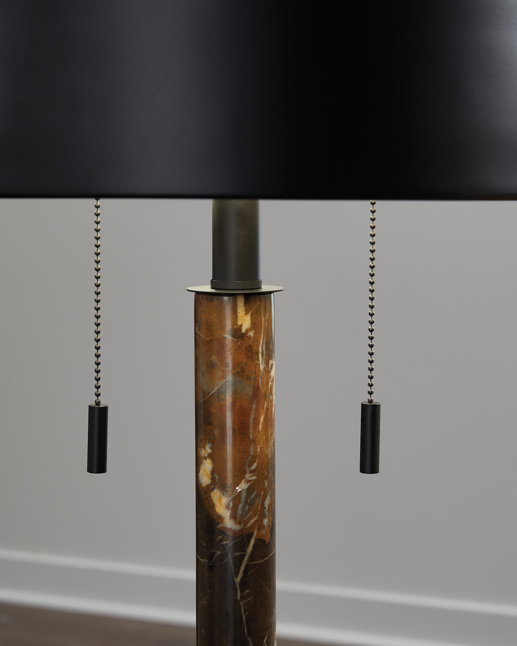 Close-up of dark brown marble base and metal dome shade of Alanbert Table Lamp