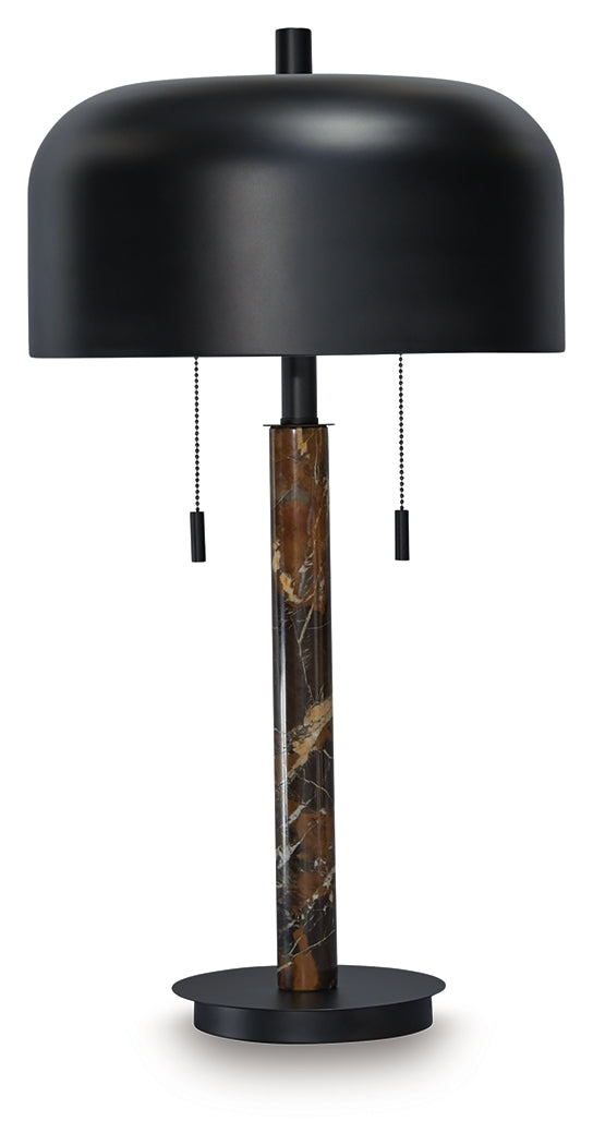 Alanbert Table Lamp side angle showing black metal shade and marble base