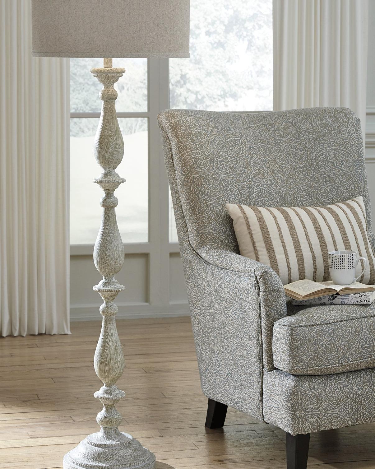 Bernadate Whitewash Floor Lamp showing full height with fabric drum shade