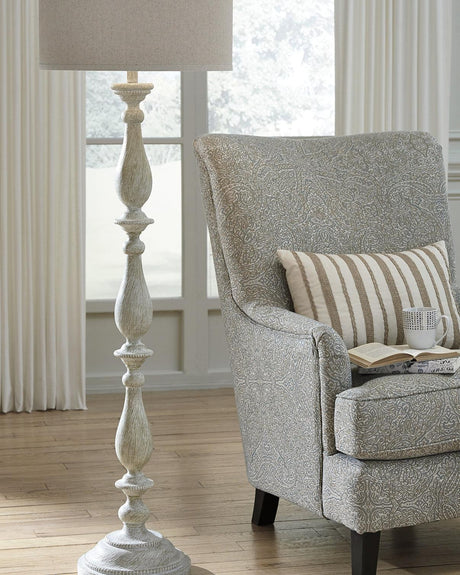 Bernadate Whitewash Floor Lamp showing full height with fabric drum shade
