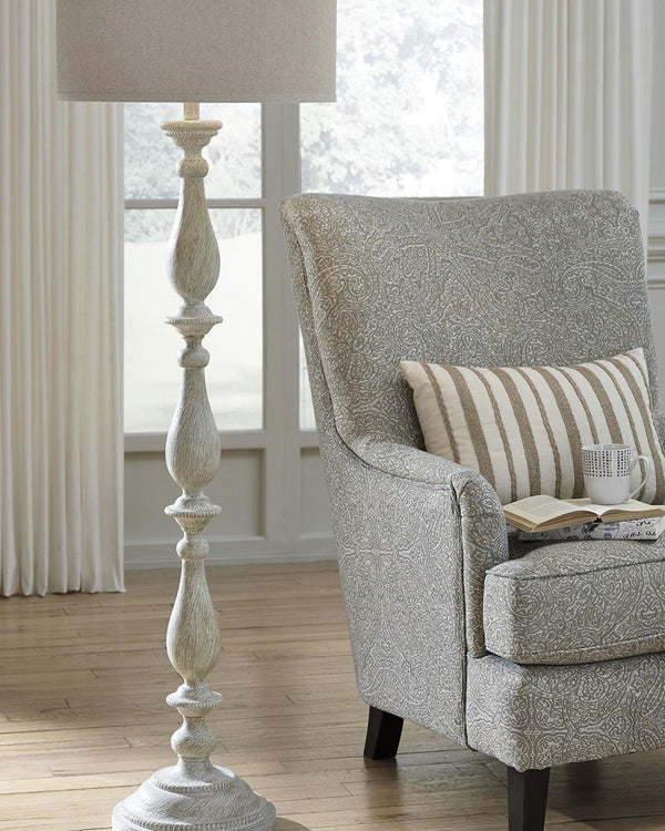 Bernadate Whitewash Floor Lamp showing full height with fabric drum shade