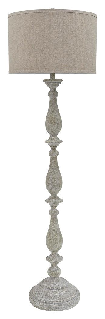 Close-up of Bernadate floor lamp base in whitewash resin finish