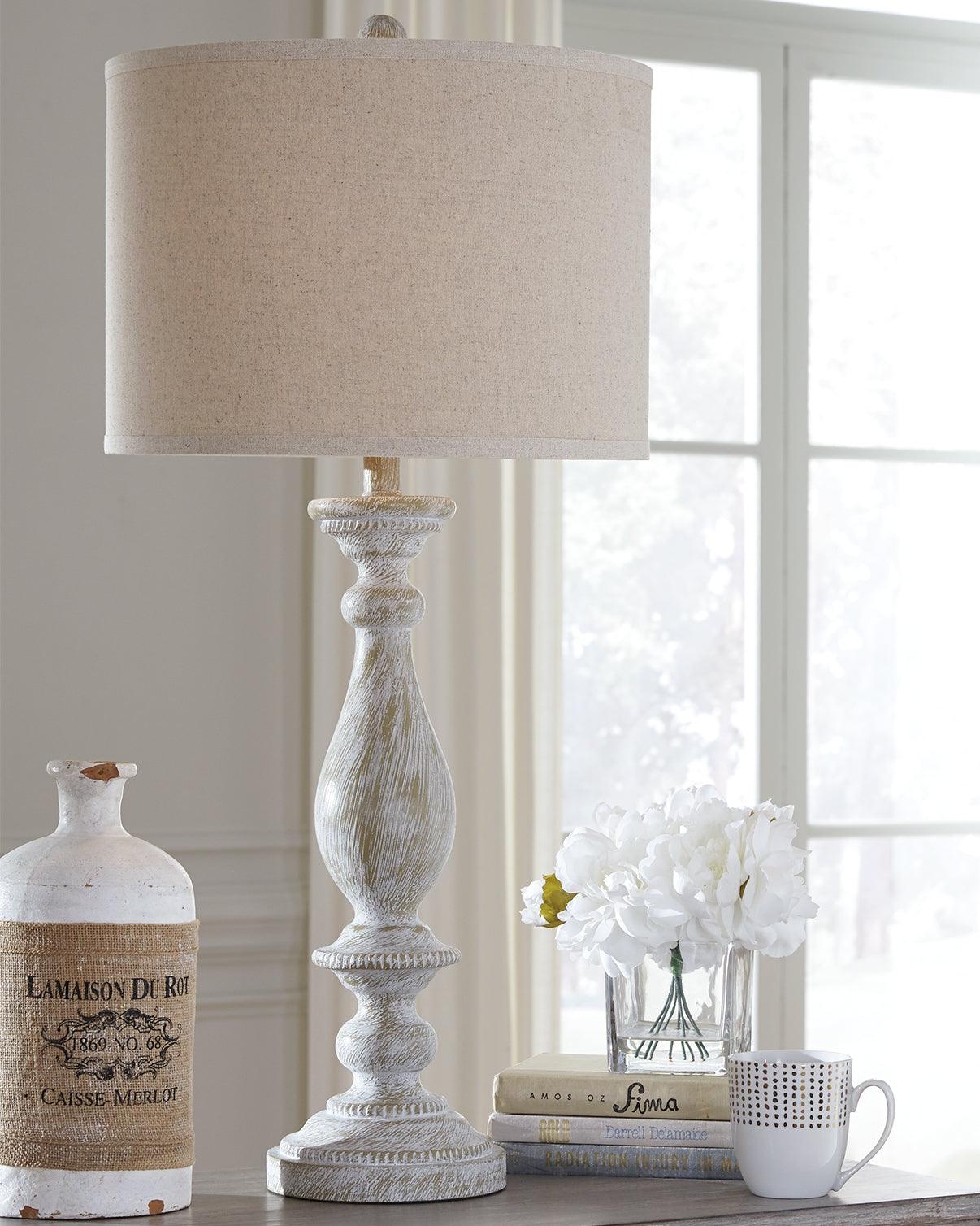 Bernadate whitewash table lamp set of 2 with drum shades on side view