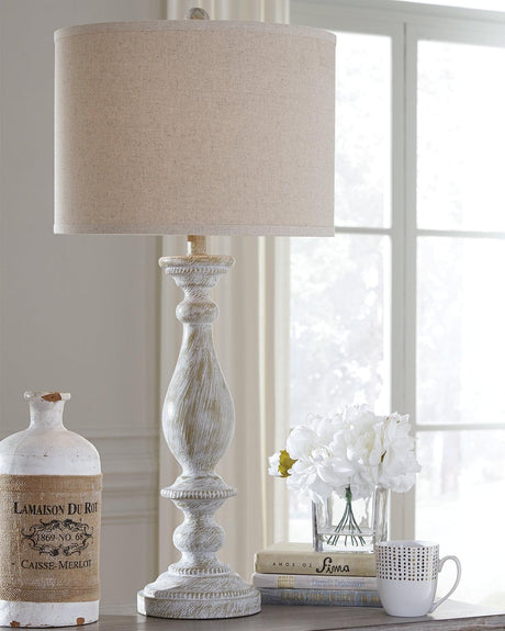 Bernadate whitewash table lamp set of 2 with drum shades on side view