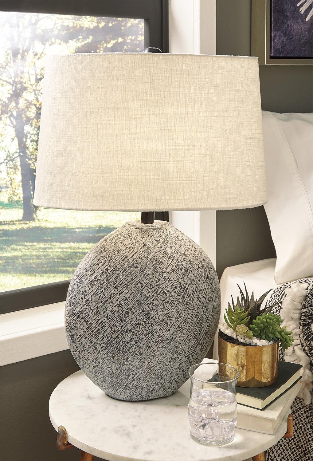 Harif Beige Table Lamp side view showing ceramic base and fabric shade
