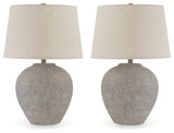 Side view of Dreward distressed gray table lamp