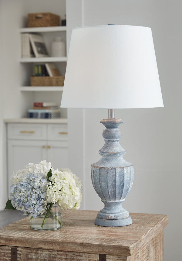 Side angle of Cylerick antique blue table lamp with urn-shaped base