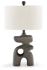 Pair of Danacy distressed black lamps on console table