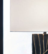Detail shot of the textured black and gold base