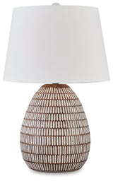 Darrich table lamp side view showing fabric shade detail