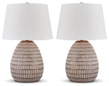 Side angle of Darrich table lamp showing beige and white finish