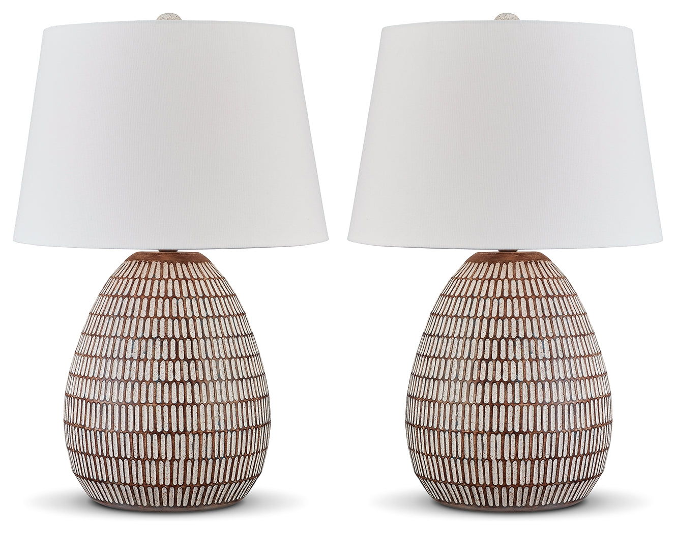 Side angle of Darrich table lamp showing beige and white finish
