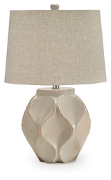 Side view of Edselham distressed cream table lamp