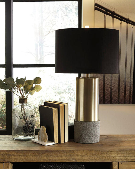 Jacek gray and brass finish table lamp with black drum shade angled view
