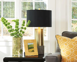 Top view of Jacek table lamp shade showing black exterior and gold foil interior