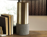 Side angle of Jacek brass finish table lamp highlighting shade and base details