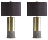 Set of two Jacek gray brass finish table lamps on side table