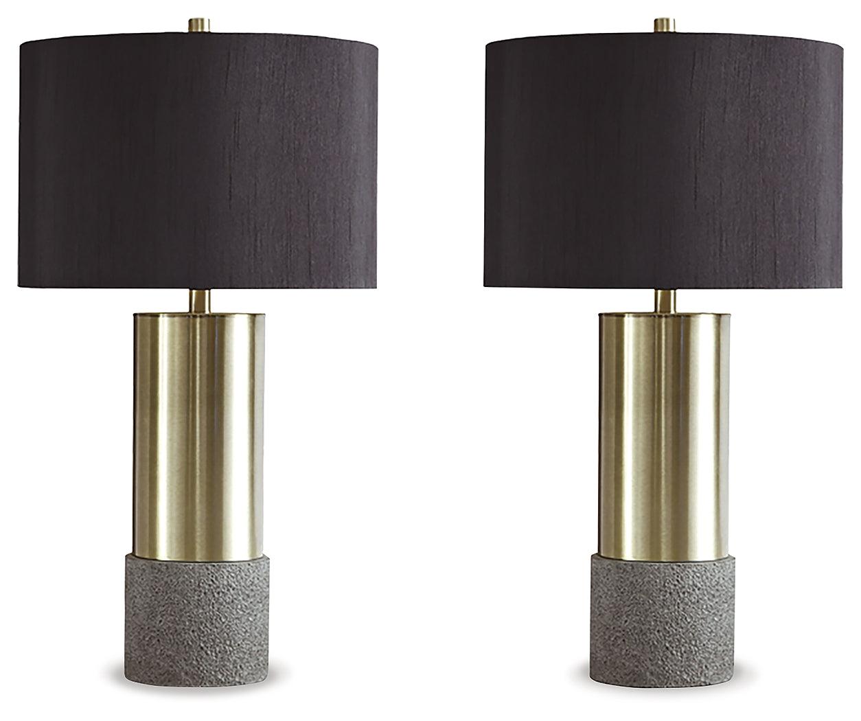 Set of two Jacek gray brass finish table lamps on side table