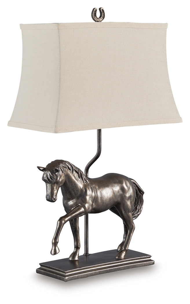 Close-up of Sandorman lamp base with equine pattern