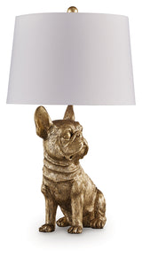Angled detail of the French bulldog base on Wadeland table lamp