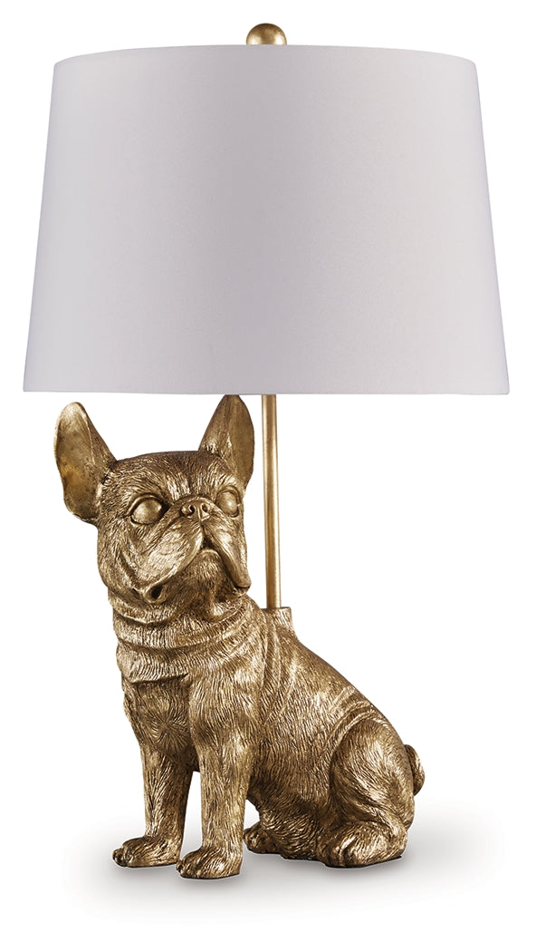 Side view of Wadeland table lamp with goldtone finish and fabric shade