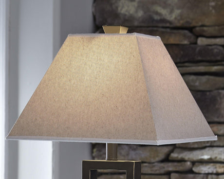 Front view of Deidra black table lamp with linen shade