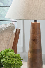 Detail of honey brown wood finish on lamp base