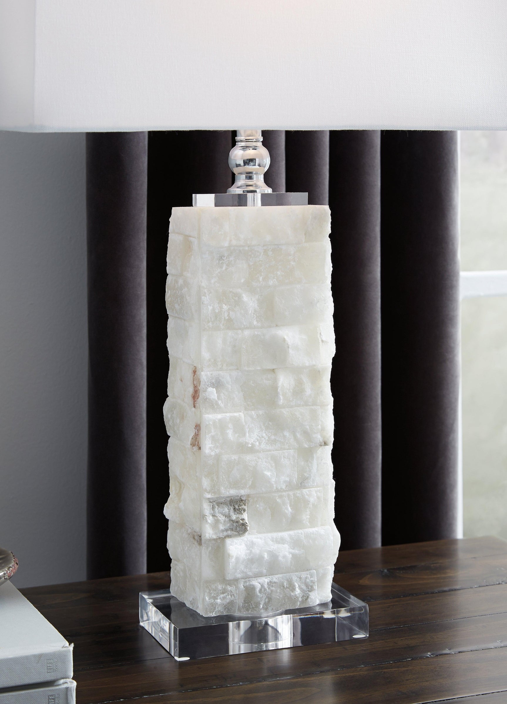 Malise White Table Lamp detail on rectangular white shade