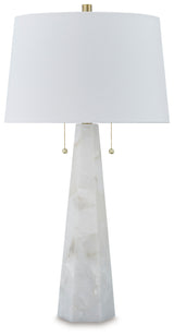 Laurellen table lamp illuminated in living room