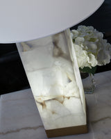 Close-up of drum fabric shade of Linderfield table lamp
