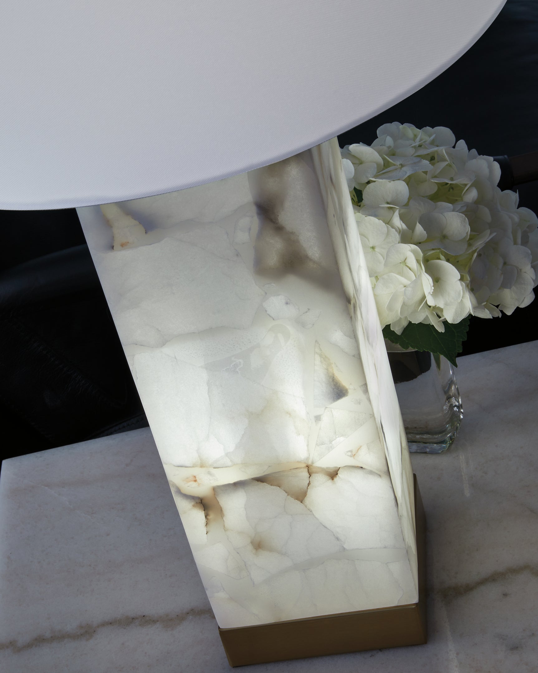 Close-up of drum fabric shade of Linderfield table lamp