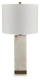 Detail of the alabaster base and goldtone metal accents on Linderfield table lamp
