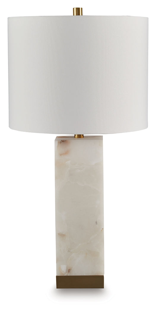 Detail of the alabaster base and goldtone metal accents on Linderfield table lamp