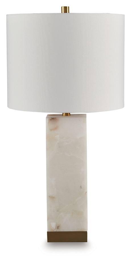 Detail of the alabaster base and goldtone metal accents on Linderfield table lamp