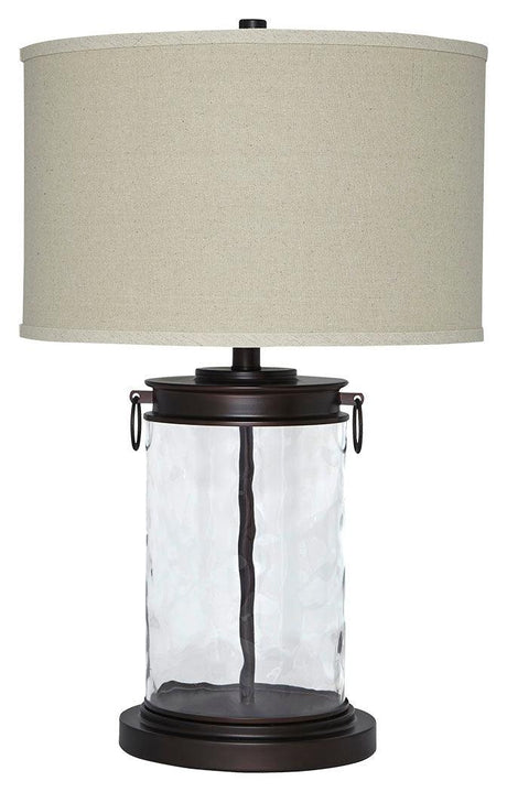 Tailynn table lamp showing bronze metal base and fabric drum shade