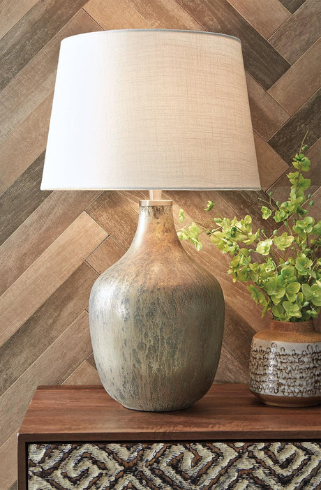 Mari mercury glass table lamp with gray-blue and gold finish, side angle
