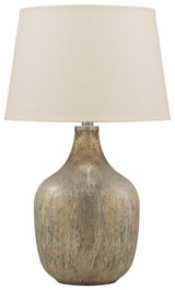 Mari table lamp showing drum shade and mercury glass base