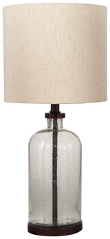 Side view of Bandile bronze finish table lamp with fabric drum shade