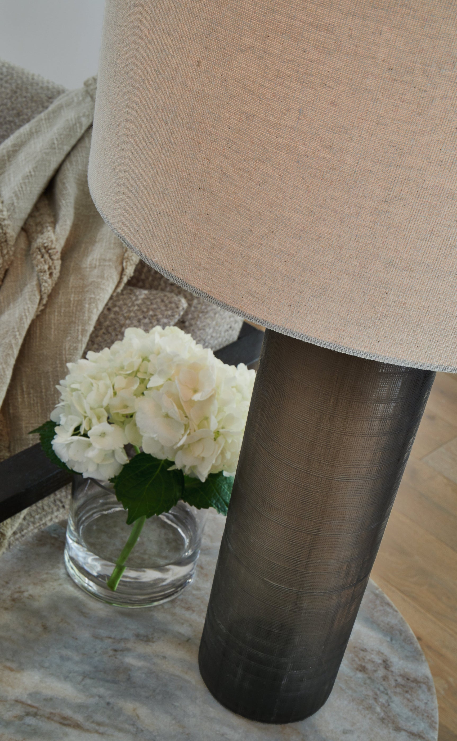 Detail of carved frosted glass base finish on Dingerly Table Lamp