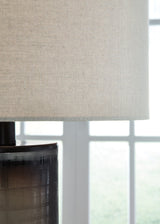 Close-up of the fabric drum shade on Dingerly Brown Table Lamp