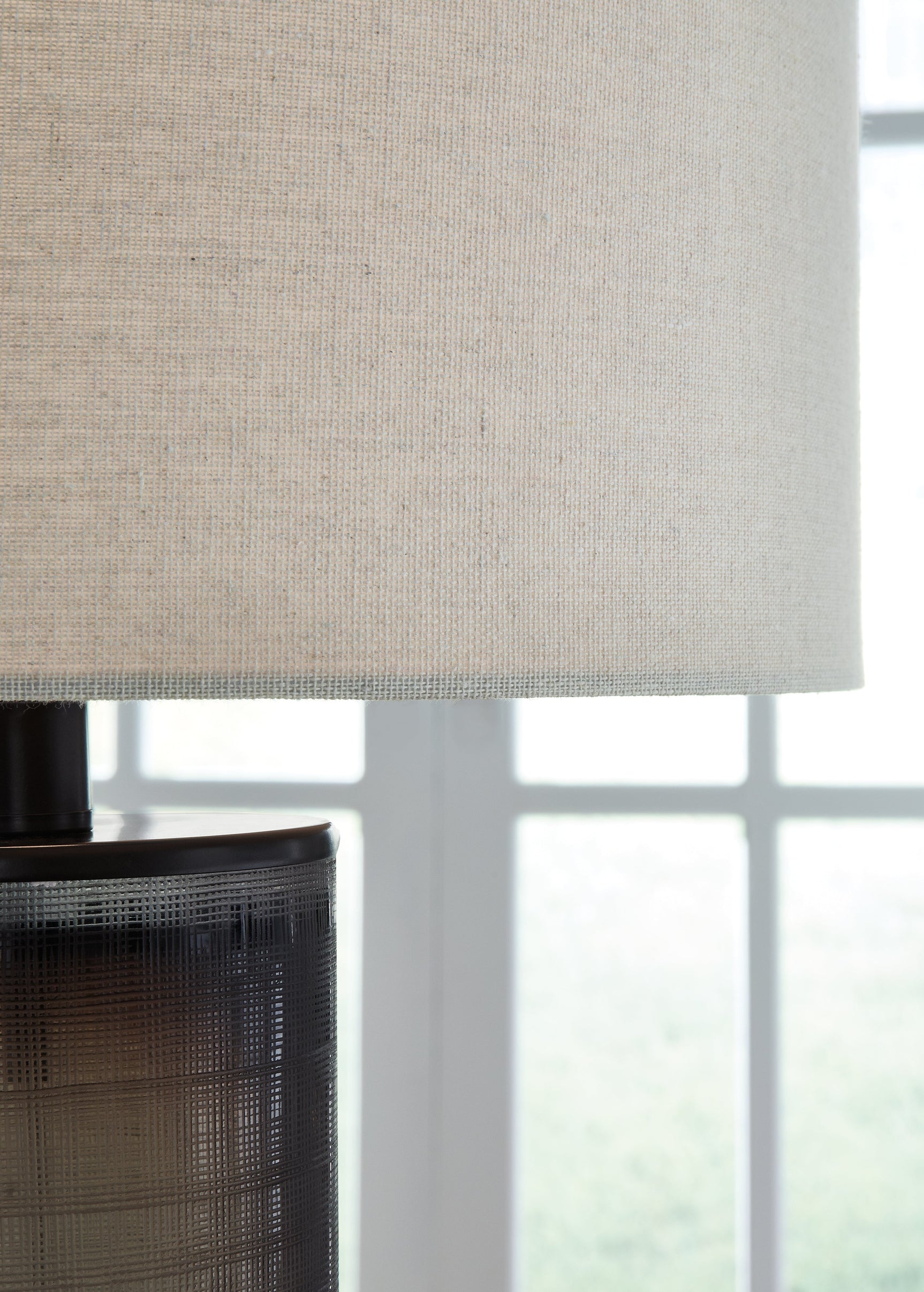 Close-up of the fabric drum shade on Dingerly Brown Table Lamp
