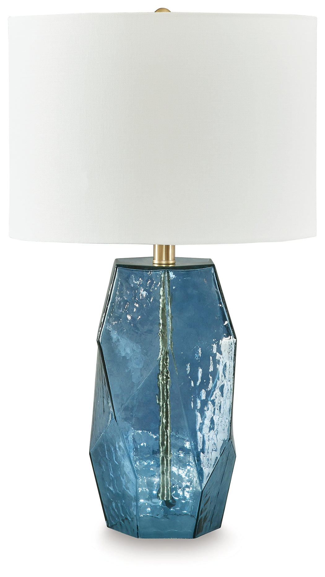 Tallow Blue Table Lamp with faceted glass base and fabric drum shade front angle
