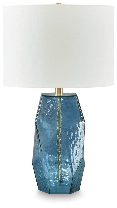 Tallow Blue Table Lamp with faceted glass base and fabric drum shade front angle