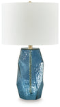 Tallow Blue Table Lamp with faceted glass base and fabric drum shade front angle