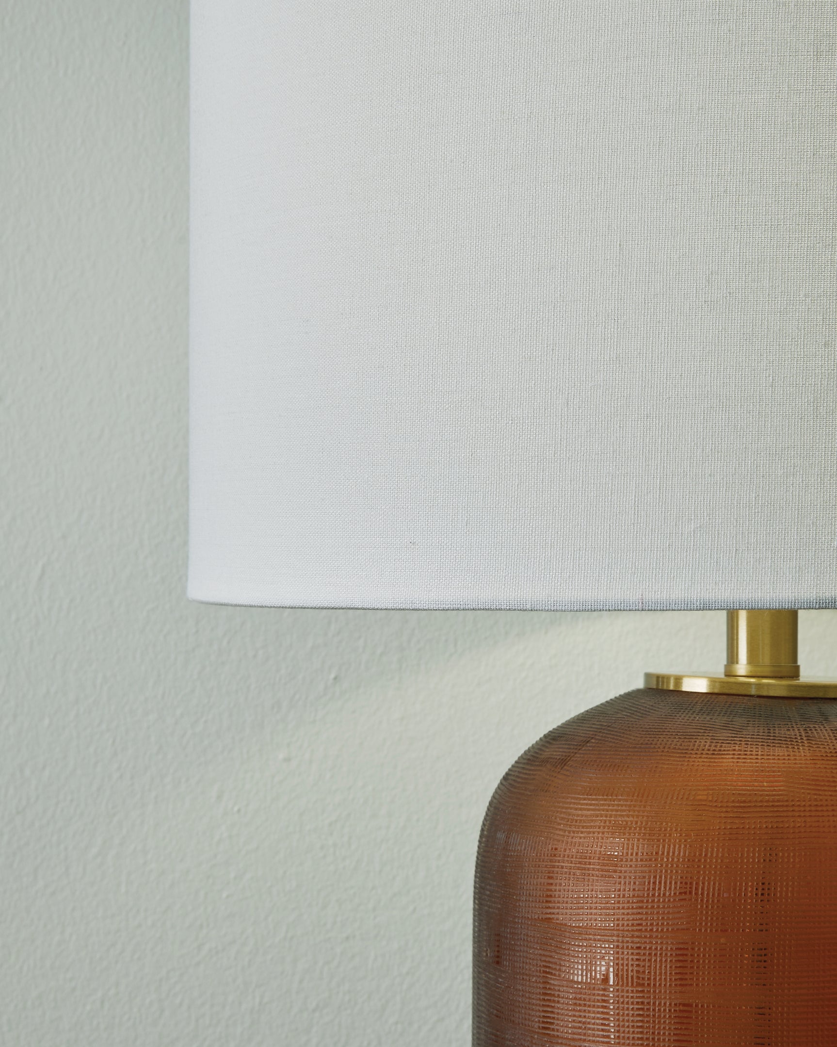 Close-up of Farberman lamp fabric drum shade
