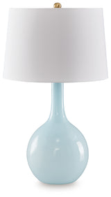 Rylanton aqua glass table lamp with fabric shade full side view