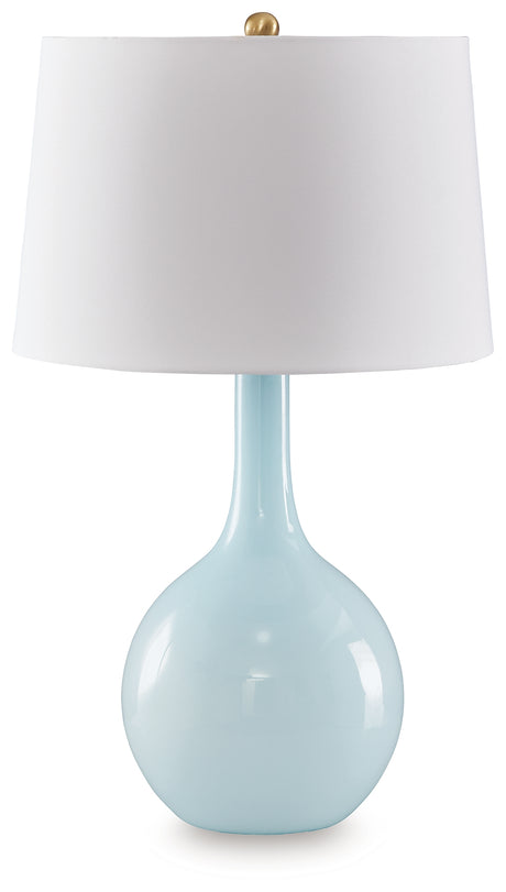 Rylanton aqua glass table lamp with fabric shade full side view