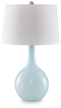 Rylanton aqua glass table lamp with fabric shade full side view