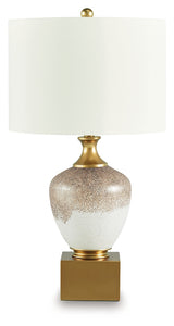 Tavisburg Table Lamp side detail showing art glass and goldtone accents